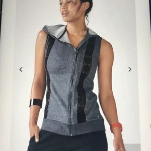 NWOT Fabletics Grey French Terry Assymetric Zip Hooded Vest Black Lace Medium